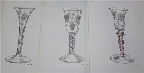 A.E.P., a folio of watercolours depicting 18th century cordial glasses, 28 x 19cm